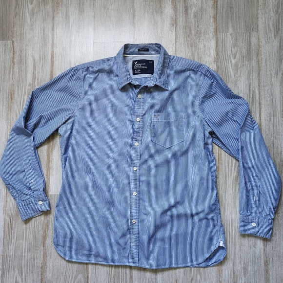 American Eagle Button Up Shirt Blue White Stripe 100% Cotton Athletic Fit Sz XL - Picture 1 of 9